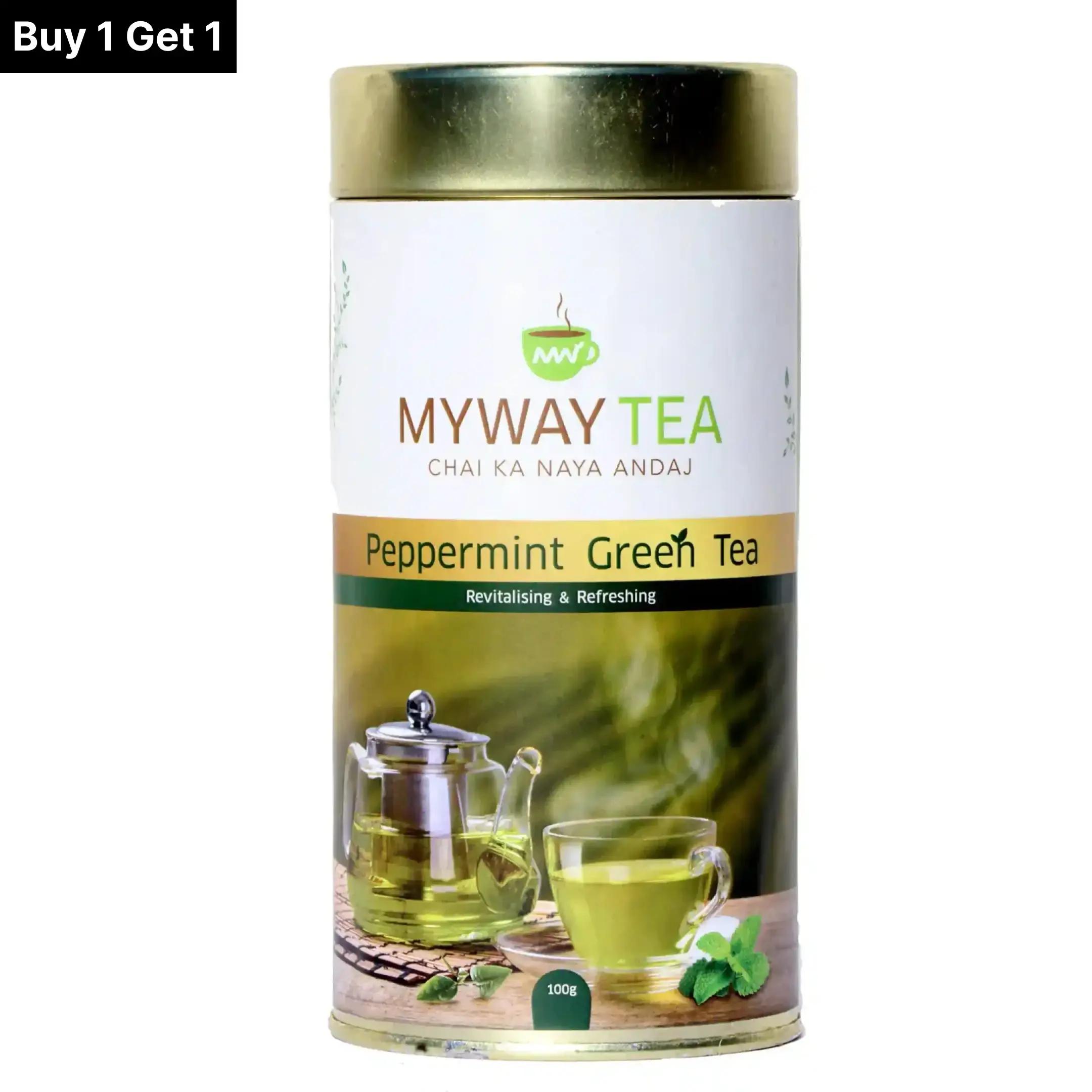 MYWAY TEA Peppermint Green Tea Leaves Loose Leaf Tea, Natural Spearmint Tea | Soothing and Relaxing Herbal Peppermint Tea | Pure Tea Buds Blended with Peppermint | Herbal Infusion Tea, Immune, Low Bitterness, Zero Calories & Improves Metabolism (100Gm) Pack of 1