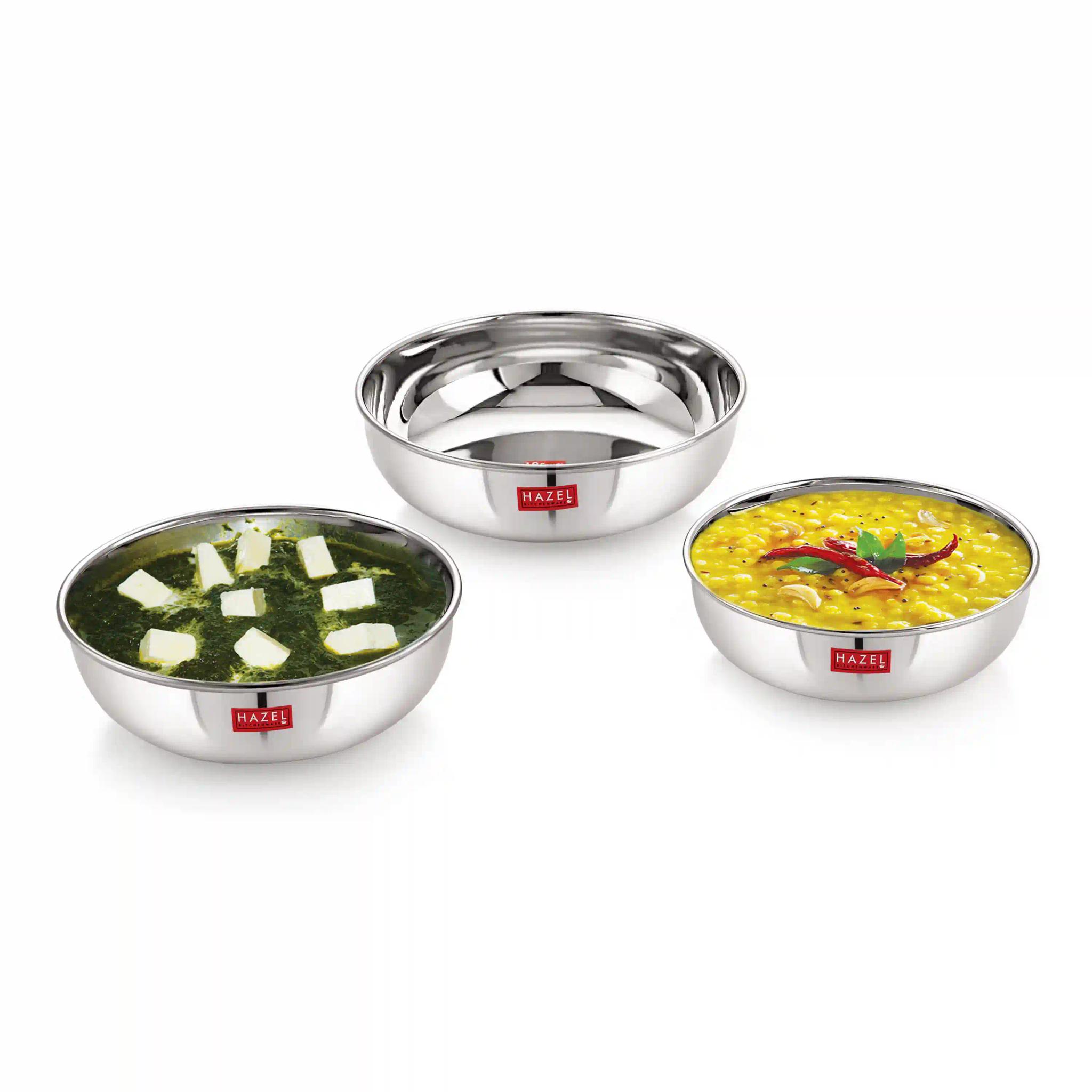 HAZEL Alfa Premium Heavy Gauge Stainless Steel Tasra Kadhai Cookware Set of 3 Pc (1 LTR, 1.5 LTR, 1.8 LTR), Silver