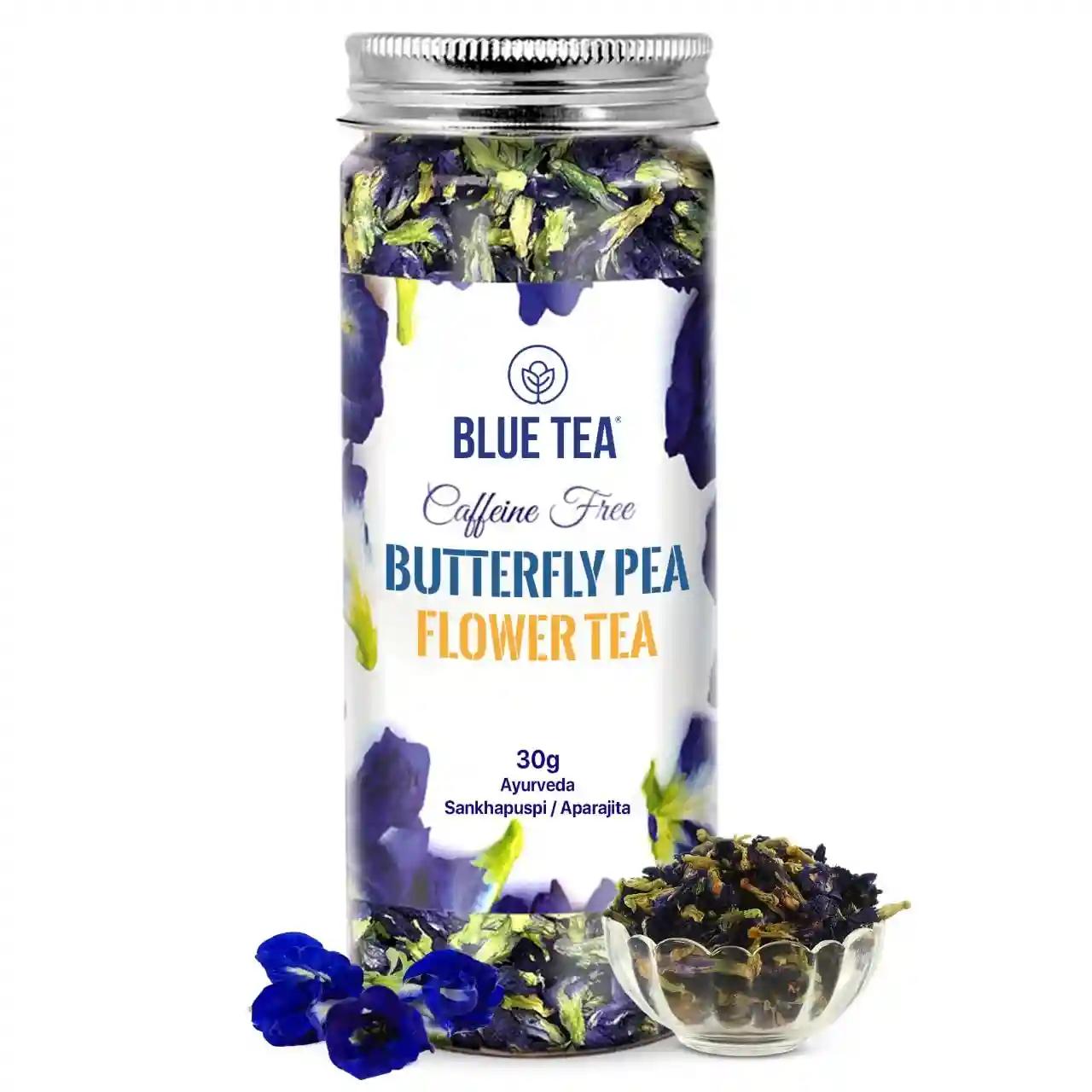 BLUE TEA - Butterfly Pea Flower Tea - 30gm - 60+ Cups | SUPER ANTI-OXIDANT | Aparajita - Shankhpushpi | Caffeine Free - Detox Tea - Flower Based - Herbal Tea - Relieves Stress - Non GMO - Vegan | Reusable Pet Jar