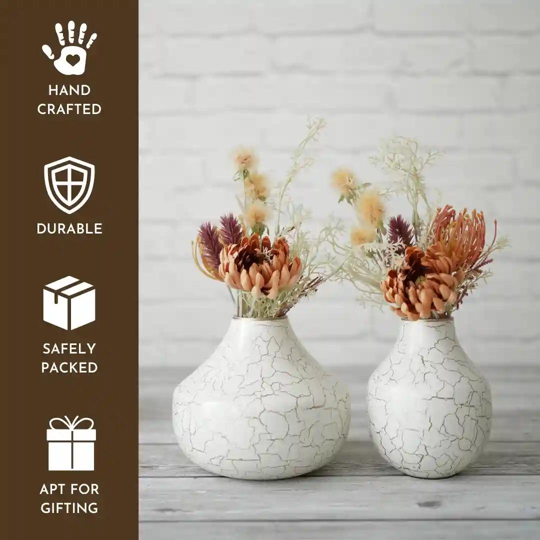 Behoma Metal Flower Vase for Home Decor Bedroom Living Room Office Wedding | Table Decorative Item for Festivals Birthday Off Multicolour Crackled White (Set of 2)