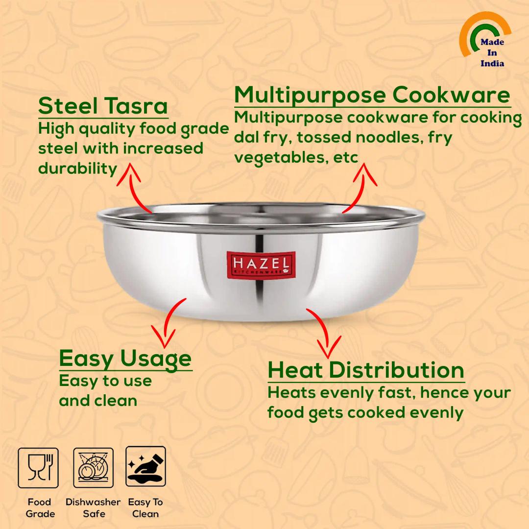 HAZEL Alfa Premium Heavy Gauge Stainless Steel Tasra Kadhai Cookware Set of 3 Pc (1 LTR, 1.5 LTR, 1.8 LTR), Silver