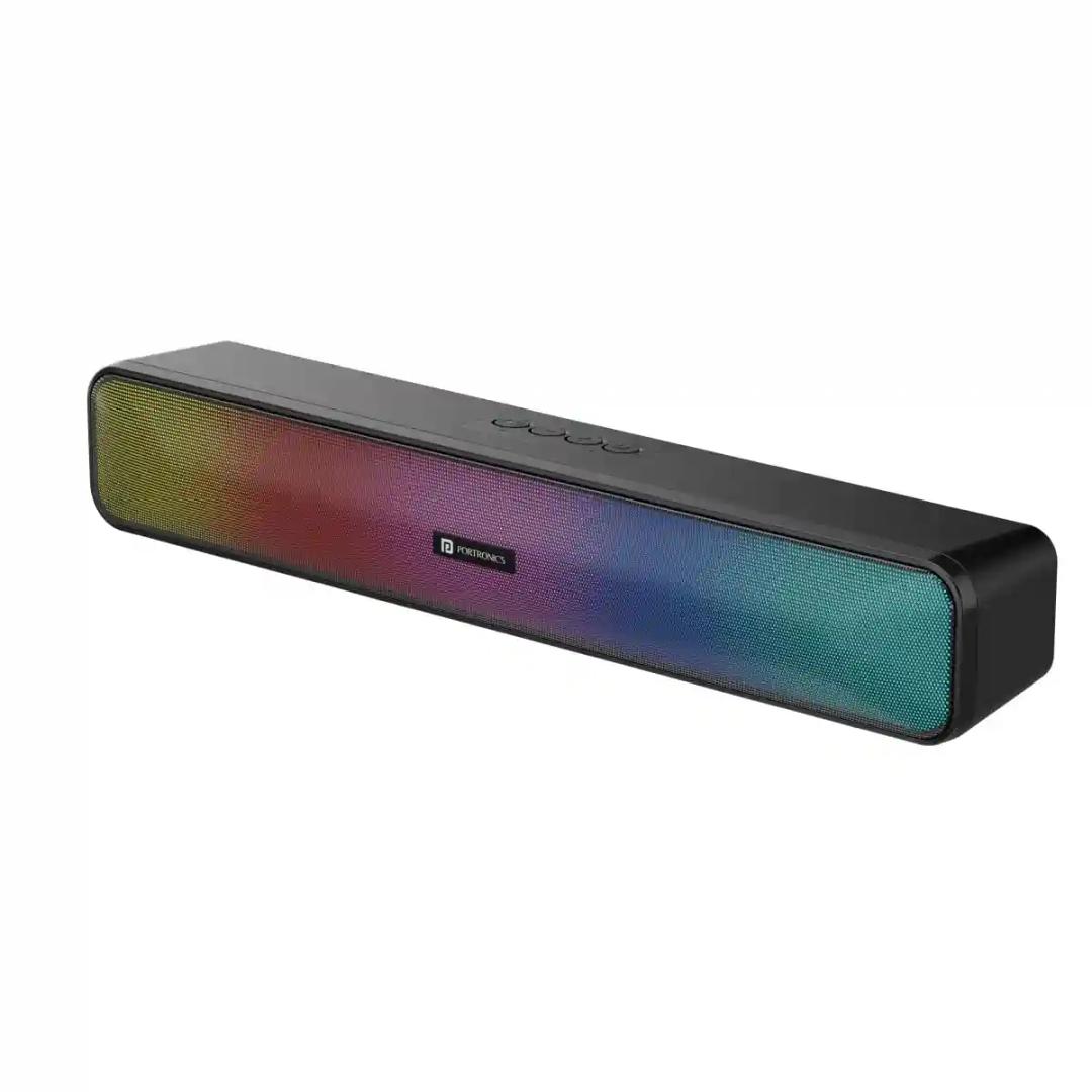 Portronics Radian 16W Bluetooth Stereo Soundbar with Multicolour LED Lights, in-Built FM Radio, Built in Mic, Aux in 3.5mm, Micro SD Slot(Black)