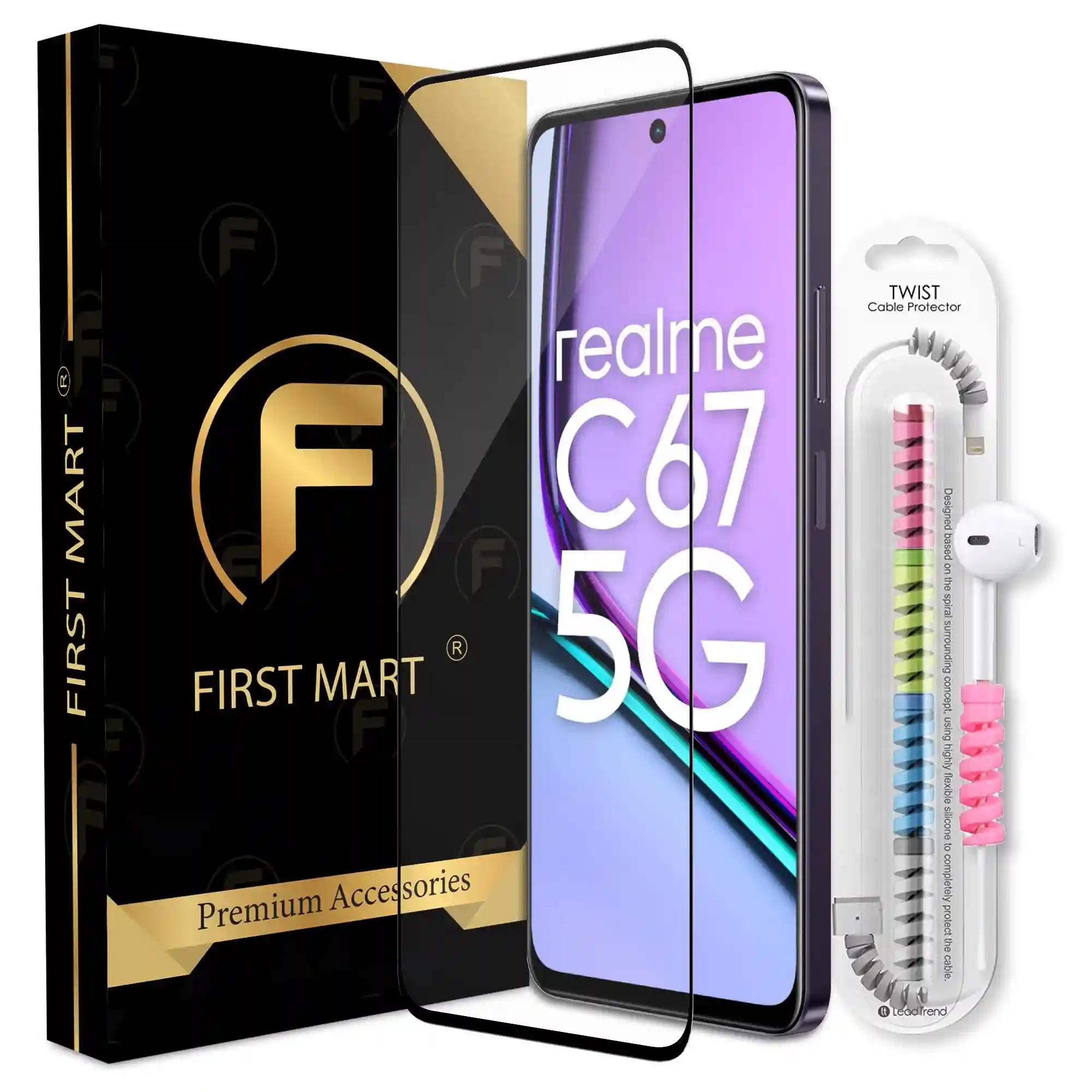 FIRST MART Premium Tempered Glass for Realme C67 5G / Redmi 13C / Realme 11 5G with Edge to Edge Coverage and Cable Protector and Easy Installation Kit, Pack of 1