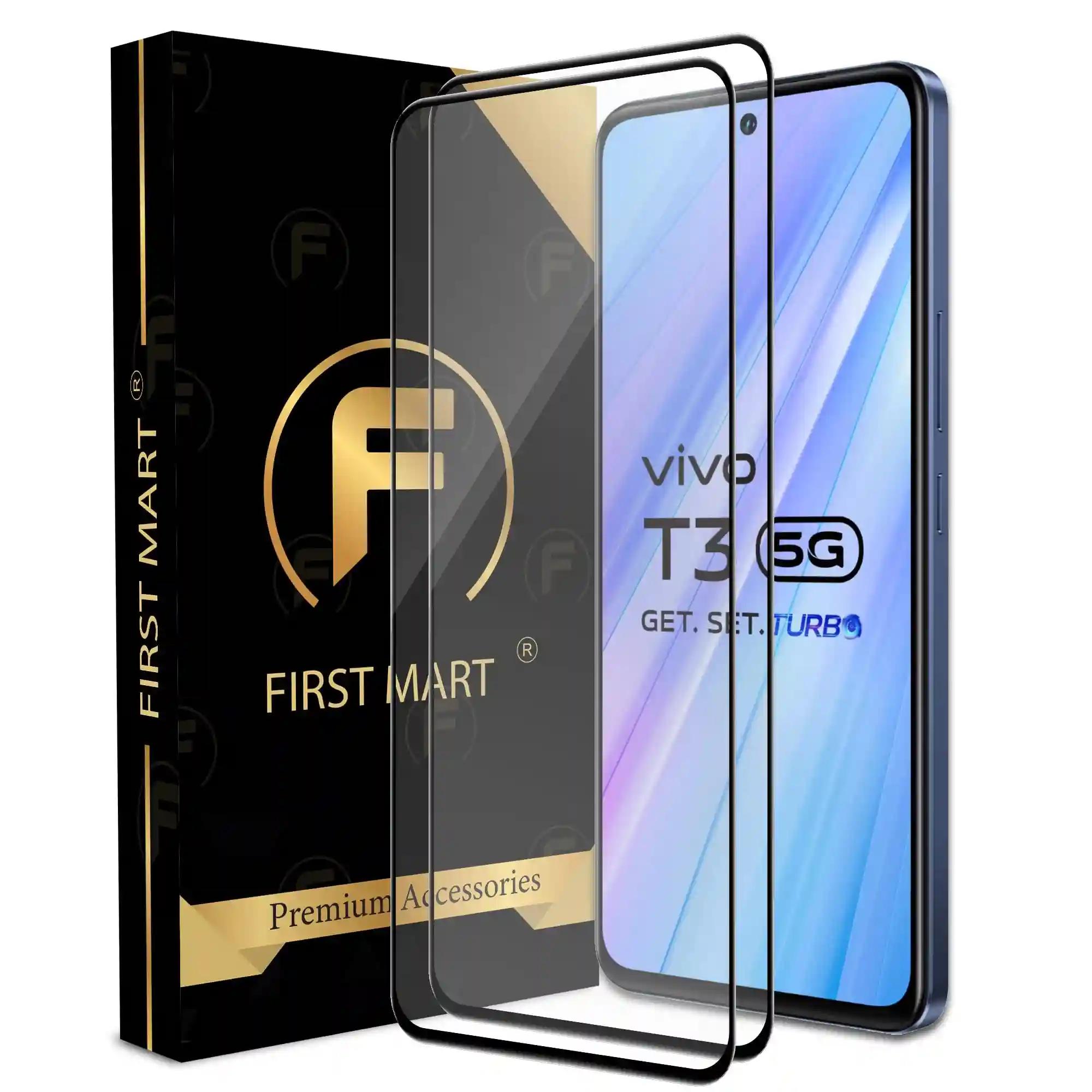 FIRST MART Premium Tempered Glass for Vivo T3 5G with Edge to Edge Coverage and Easy Installation Kit, Pack of 2