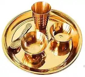 Pujahome Brass Handcrafted Pooja Thali Set with 5 Pieces Traditional Designed Pital Bhog Plate for Home Office Temple (5X5 Inches, 1 Pooja Plate, 1 Spoon, 2 katori, 1 Glass)