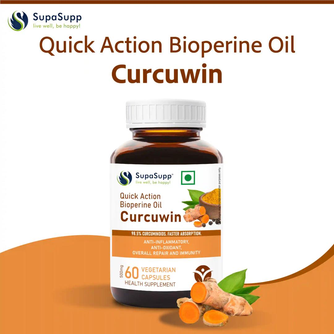 Sri Sri Tattva Supa Supp Quick Action Bioperine Oil Curcuwin 60 Veg Cap, 500 Mg - Anti-Inflammatory, Anti-Oxidant, Overall Repair And Immunity | Health Supplement