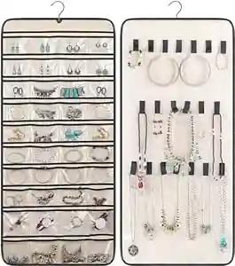 FAB ELLITE Hanging Jewelry Organizer,Double Sided Jewelry Storage with Hanger,24 Clear PVC Pockets and 15 hook loops for Holding Necklaces, Bracelets, Rings, Earrings