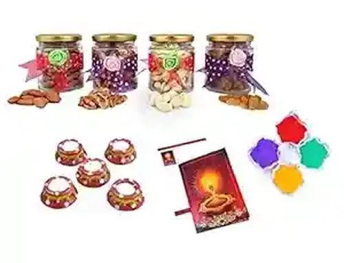 MANTOUSS Exclusive Diwali Dry Fruit Decorative Glass Jar-Cashew,Almond,Walnut and Raisin (100gms Each),400 GMS + 2 Matki Wax Filled Diya, Diwali Greeting Card and Rangoli Colours