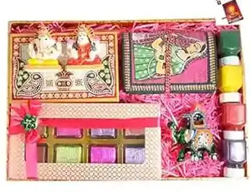 MANTOUSS diwali gift box/diwali chocolate gift hamper/diwali gift items/diwali gifts-decorated tray+Showpiece figurine+handmade diary+decorated ambawadi elephant+rangoli colours+diwali greeting card