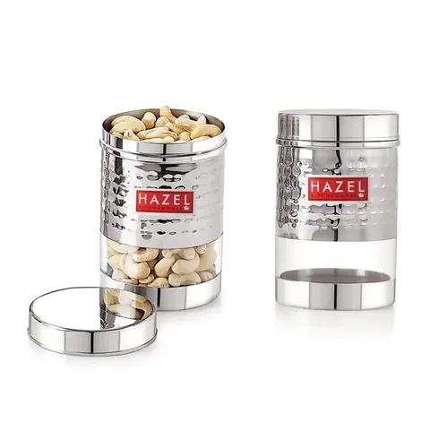 HAZEL Stainless Steel Hammered Finish Transparent Glossy See Through Container, 600 ML Each, Silver