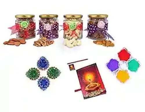 MANTOUSS Exclusive Diwali Dry Fruit Decorative Glass Jar-Cashew,Almond,Walnut and Raisin (100gms Each),400 GMS + 2 earthern Diya, Diwali Greeting Card and Rangoli Colours