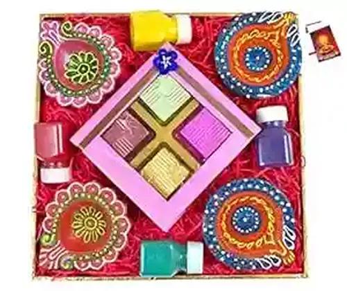 Diwali gifts for friends and family/diwali gift hamper/diwali chocolate gift/diwali chocolate gift box/diwali gifts-decorated tray+Chocolate box+4 earthern diya+4 Rangoli Colours+Diwali Greeting Card