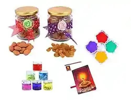 MANTOUSS Diwali Dry Fruit Decorative Glass Jar-Almond and Raisin(100gms Each),200 GMS + 2 Gel Filled Glass Candle, Diwali Greeting Card and Rangoli Colours