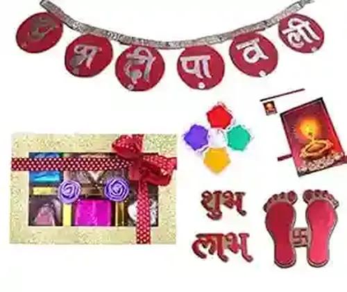 MANTOUSS Diwali gift item/Diwali gift for employees/Diwali gift for family and friends/Diwali chocolate pack-Box of handcrafted chocolate+shubh deepawali toran+paduka+shubh labh+rangoli colour+greeting card