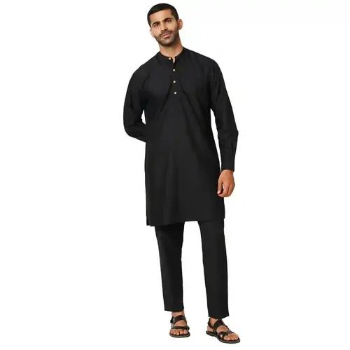 Indivisual Mens Solid Carbon Black Kurta-Pyjama Set