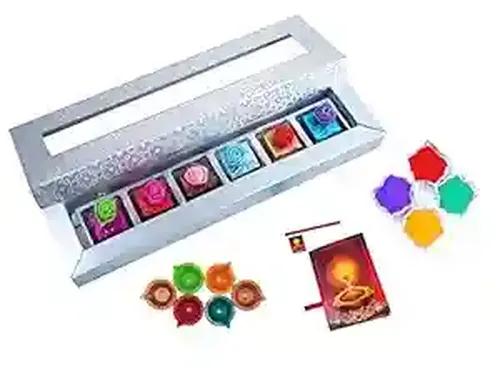 MANTOUSS Deepawali Luxury Chocolate Hamper (Silver) + 2 Cute Diya, Diwali Greeting Card and Rangoli Colours