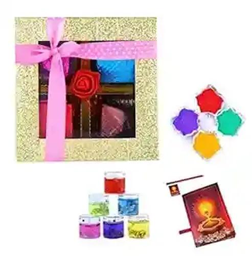 Mantouss Cute Diwali Chocolate Hamper+ 2 Glass Candles Filled with Gel, Greeting Card and Rangoli Colours