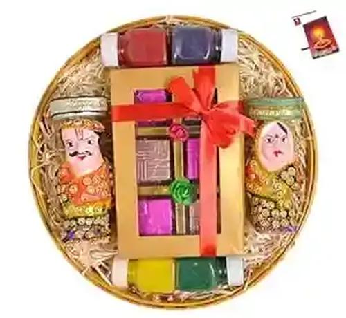 MANTOUSS diwali decoration items/diwali gift items/diwali chocolate candy-decorated basket+Couple tealight stand+handmade chocolate+rangoli colours+Diwali greeting card