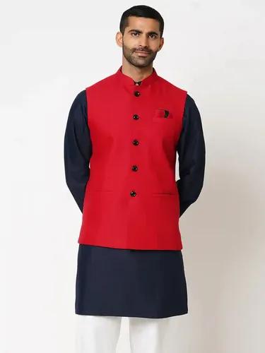 Indivisual Men's Twill Weave Crimson Red Nehru Jacket - (Red)