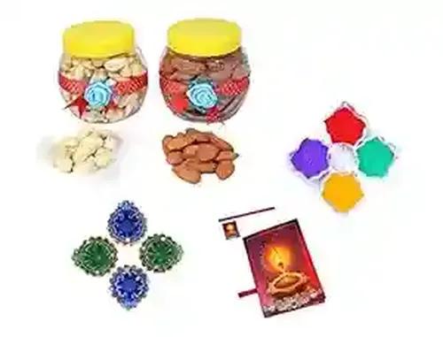 MANTOUSS Diwali Dry Fruit Decorated Jar-Almond and Cashew(100gms Each),200 GMS + 2 earthern Diya, Diwali Greeting Card and Rangoli Colours