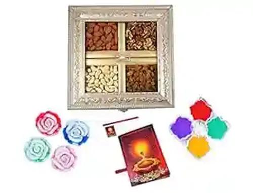 MANTOUSS Diwali Dry Fruit Combo-Cashew,Almond,Walnut and Raisin (100gms Each) 400gms + 2 Floating Diya, Diwali Greeting Card and Rangoli Colours