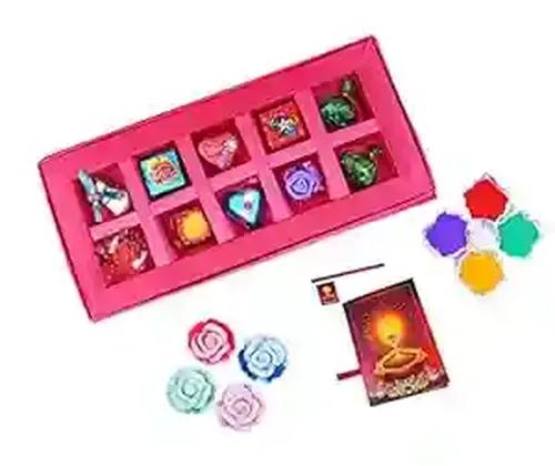 MANTOUSS Diwali Chocolate Gift in Premium Pink Satin Box + 2 Floating Diya, Diwali Greeting Card and Rangoli Colours