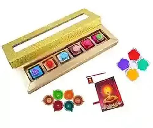 MANTOUSS Deepawali Luxury Chocolate Hamper (Golden) + 4 Cute Diya, Diwali Greeting Card and Rangoli Colours