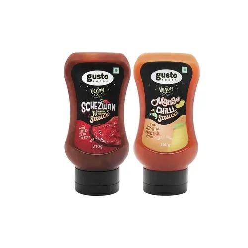 Gusto Foods Schezwan Sauce (310g) And Mango Chili Sauce (350g) Combo (1 Each) | Khatta Meetha Pickled Mango Dip Sauce with No Garlic No Onion Schezwan Sauce