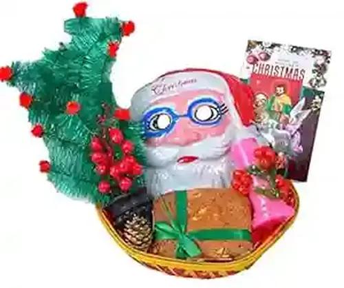 Christmas Gift Basket/Christmas Gift Hamper/Christmas Cake Gift-Decorated Basket+150gms Cake+Christmas Tree+Santa Claus mask+Cherry Tree Candle+Bunch of Decorative Cherry+Pine Cone+Christmas Card