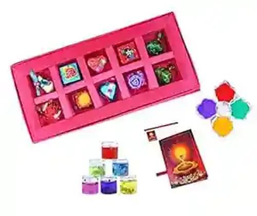 MANTOUSS Diwali Chocolate Gift in Premium Pink Satin Box + 2 Gel Filled Glass Candle, Diwali Greeting Card and Rangoli Colours