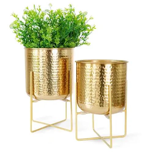 Behoma Hammered Metal Indoor Planter for Table Top and Floor | Living Room Drawing Room Balcony Planter | Office Desk Decoration Ideas for Small Plants | Gold Colour (Pack of 2)