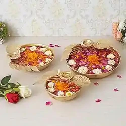 WEBELKART Premium Gold Polish Leaf and Flower Pattern with Diya Set of 3 Bowl for Dining Table Flower Shape Flower Decorative Urli Bowl for Home Floating Flowers for Home | Diwali Decoration Gold