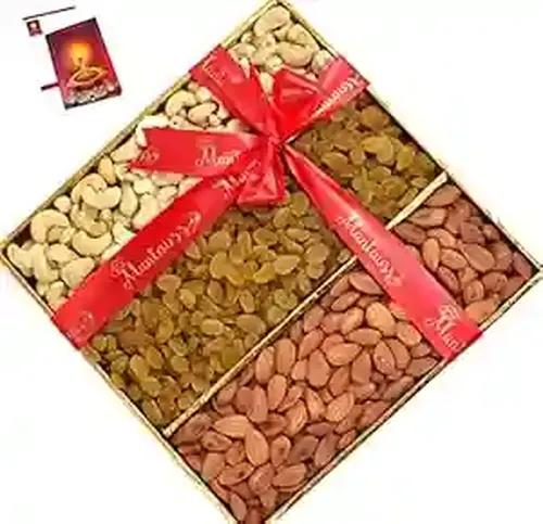 Diwali dry fruits tray/diwali dry fruits gift box/diwali dry fruits gift hamper/Diwali gift hamper-Decorated tray+200 gms of cashew+200 gms of almonds+200gms of raisins+Diwali greeting card