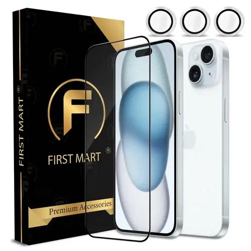 FIRST MART for iPhone 15 Tempered Glass and 1 Set of Individual Silver Camera Rings Protectors, 2.5D Curved Edges, Full-Coverage Military-Grade Protection, Scratch Resistant | Silver Rings