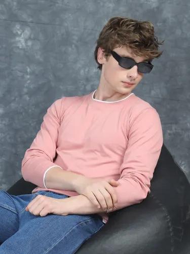 Pink Piped Solid Full Sleeve T-Shirt