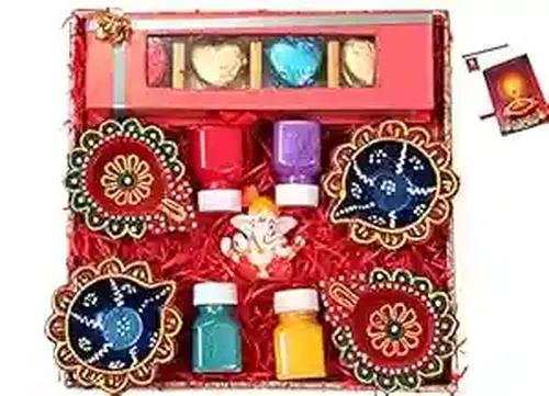 Diwali gift hamper/Diwali gifts for friends and family/Diwali gift hampers for employees-designer tray+Chocolate box+figurine showpiece+4 designer diy+rangoli colours +Diwali card