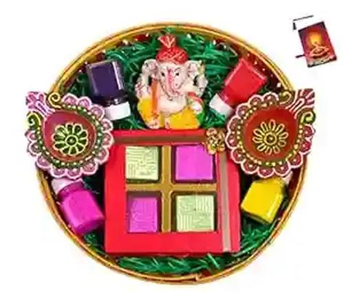 Diwali gifts for employees/Diwali gift hampers/Diwali gift box/diwali gifts items-Decorated basket+Handmade Chocolate box+showpiece figurine+2 earthern diyas+4 rangoli colours +Diwali greeting card