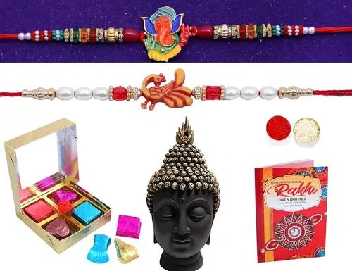 Rakhi For Brother And Bhabhi/Rakhi For Brother Combo/Rakhi Combo Set/Rakhi Gifts- 2 Premium Kundan Rakhi+1 Showpiece Figurine+Chocolate Box+Roli, Chawal Tika+Rakhi Greeting Card