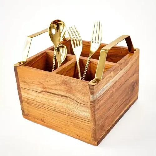 Behoma Wooden Utensil Holder and Napkin Rack with Black Metal Carry Handles, Dining Flatware Cutlery Storage Caddy / Napkin & Cutlery Holder