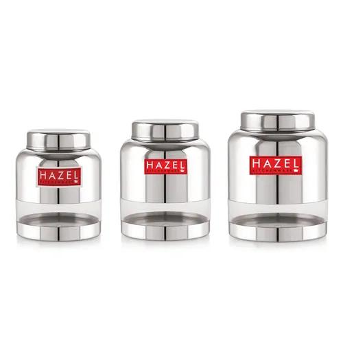 HAZEL Stainless Steel Kitchen Containers I Barni Shape Transparent Container with Glossy Finish | Multipurpose Storage Box for Kitchen Set of 3