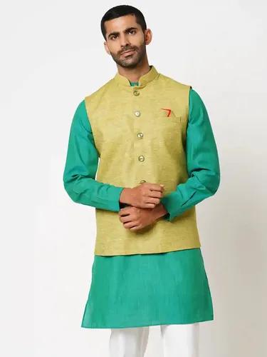 Indivisual Men's Two tone Yarn Dyed Green Oasis Nehru Jacket - (Green)