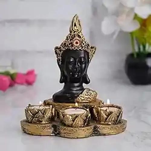 WEBELKART Polyresin Buddha Tealight Candle Holder with Free 3 Tealights Candles| Diwali Decorations Items for Home Decor| Diwali Candle Holder Gold, 7Inch