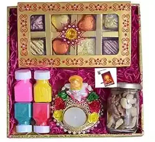 MANTOUSS Diwali Chocolate Gift Pack/Diwali Chocolate Gifts for Corporate Gifting-Designer Chocolate Box +Ganesha tealight Candle Holder+Jar of Mix Dry Fruits+Rangoli Colours+Deepawali Card