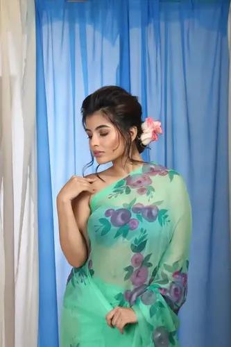 Pure Organza Hand-Painted Light Green Saree With Pink Rose Design