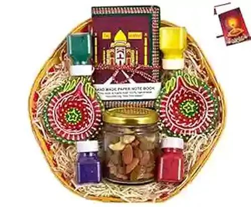 Diwali dry fruits gift box/Diwali Gift hamper/Dry Fruits Diwali gift pack/Dry fruits gift pack-Decorated Basket+1 Jar of mixed dry fruits+Handmade diary+2 beautiful diya+4 Rangoli Colour+Diwali Card