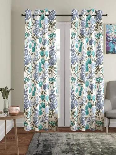 TRANCE HOME LINEN Floral Printed 7 Feet Door and Window Curtain | 100% Cotton 60-65% Room Darkening Curtains | Parda for Living Room Bedroom Office | (Huvu Blue - Set 2, 7ft Door Curtains)