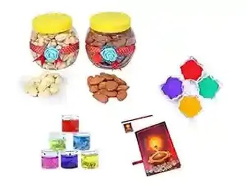 MANTOUSS Diwali Dry Fruit Decorated Jar-Almond and Cashew(100gms Each),200 GMS + 2 Gel Filled Glass Candle, Diwali Greeting Card and Rangoli Colours