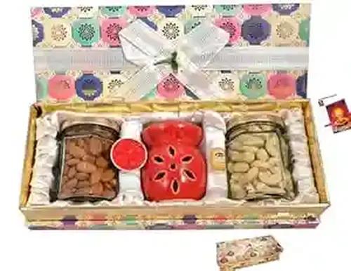 MANTOUSS diwali dry fruits gift box/diwali dry fruits gift pack/diwali gifts/diwali dry fruit gift hamper/diwali gift items-designer box+cashew 100gms+almonds 100gms+Oil Difuser+Diwali greeting Crad