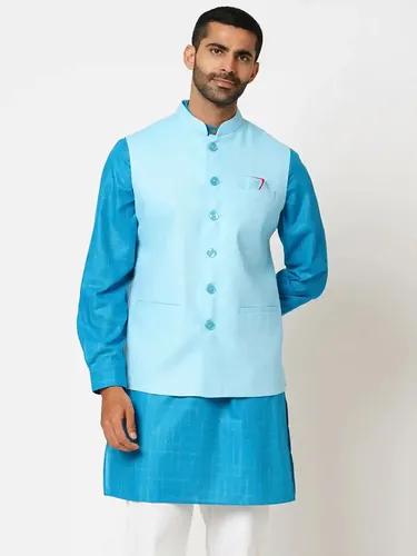 Indivisual Men's Two tone Dobby Sky Blue Nehru Jacket - (Blue)