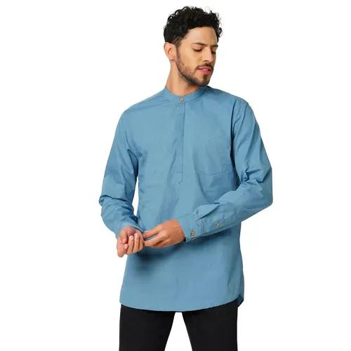 Indivisual Men's Premium Cotton Solid Sea Blue Shirt Kurta